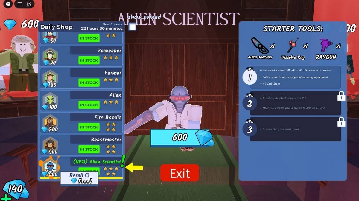 Alien Scientist class in the class shop of 99 nights in the forest