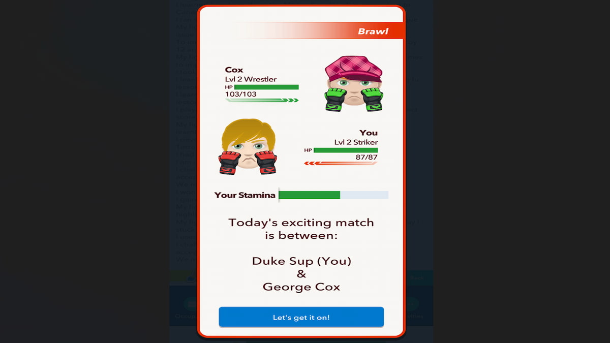 The BitLife Fighting Mini-Game Menu