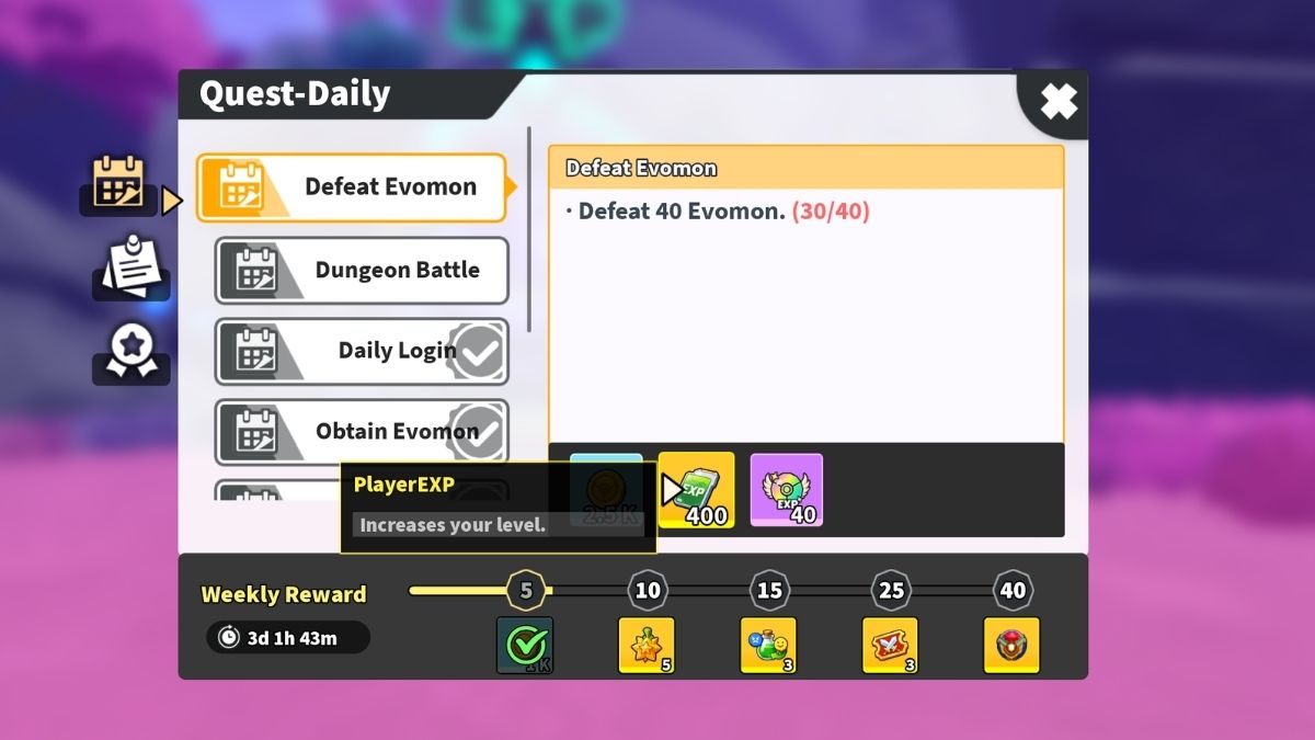 Daily Quest rewarding Coins and EXP in Evomon