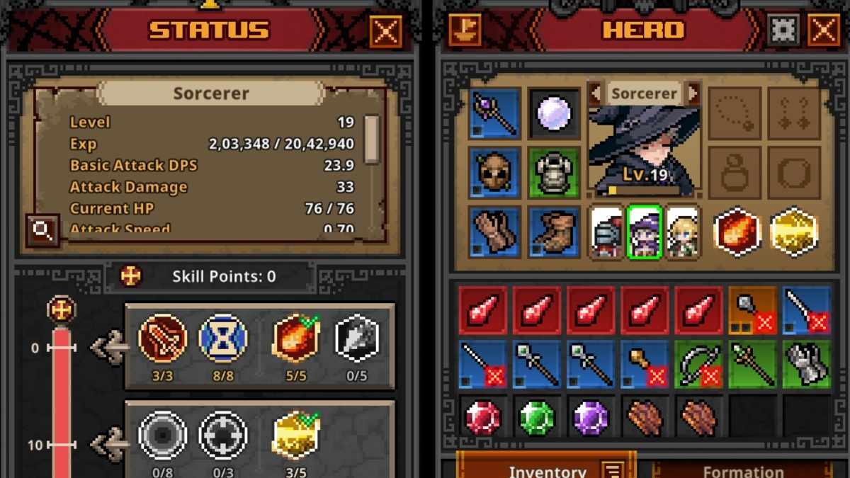 Sorcerer Status and Stats in TBH Task Bar Hero