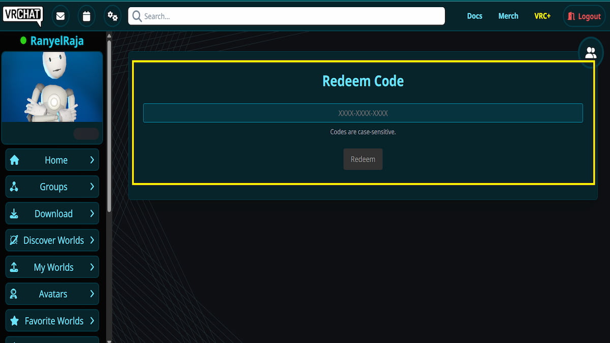 The Redeem Code Menu in VR Chat