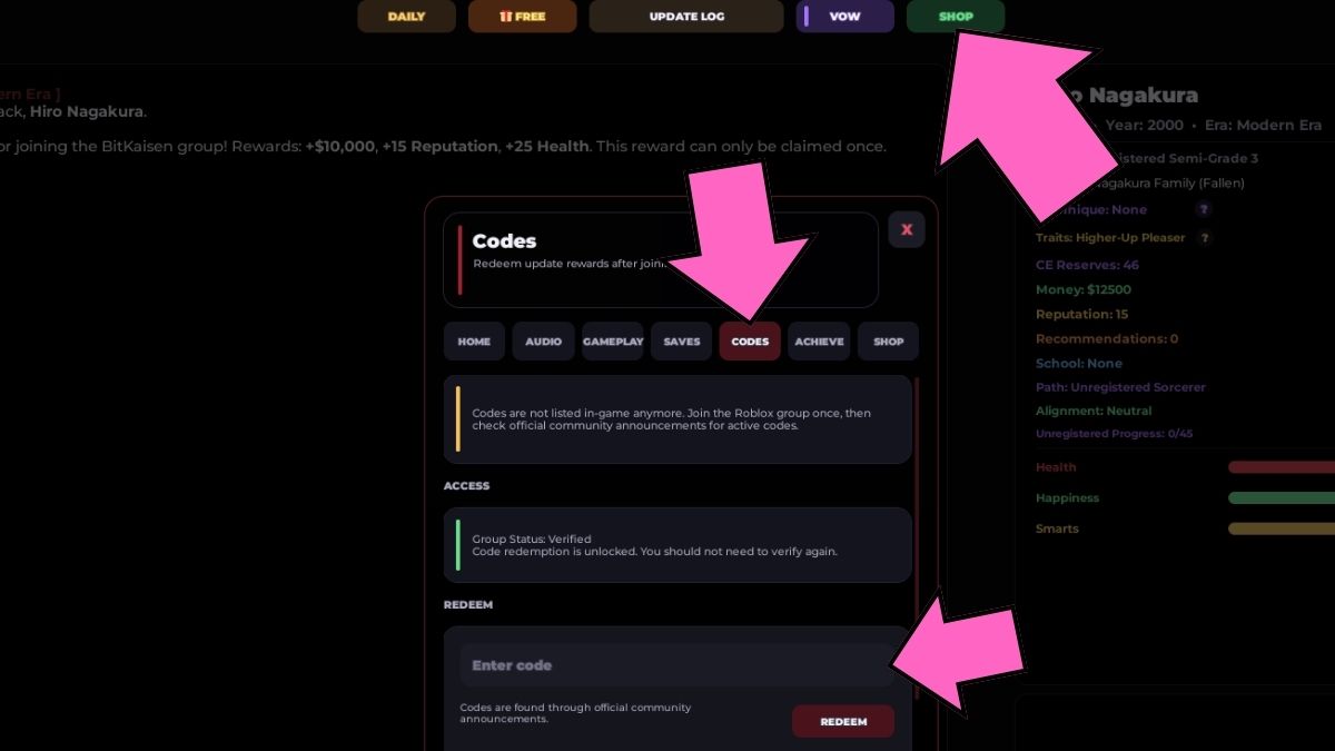 A screen showing how to redeem codes through the shop in BitKaisen