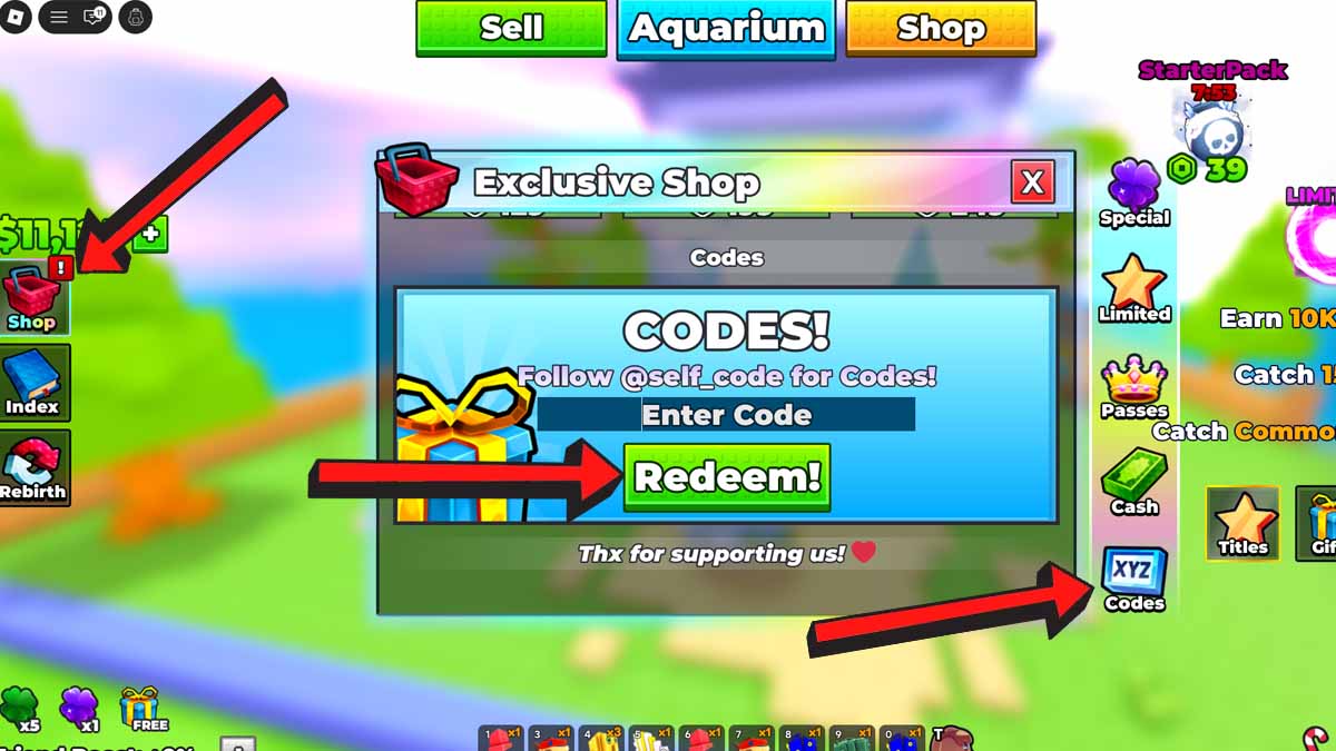 Bomb Fishing Shop and Codes Redemption System screenshot.