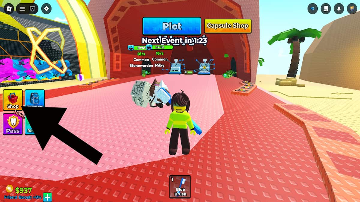 Roblox Cavity Crushers code system. Arrow pointing to the shop button.