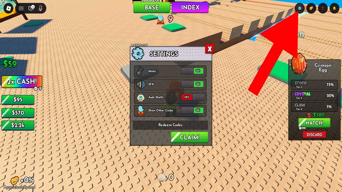 Roblox Crab Tycoon code system. Arrow pointing to the settings button.
