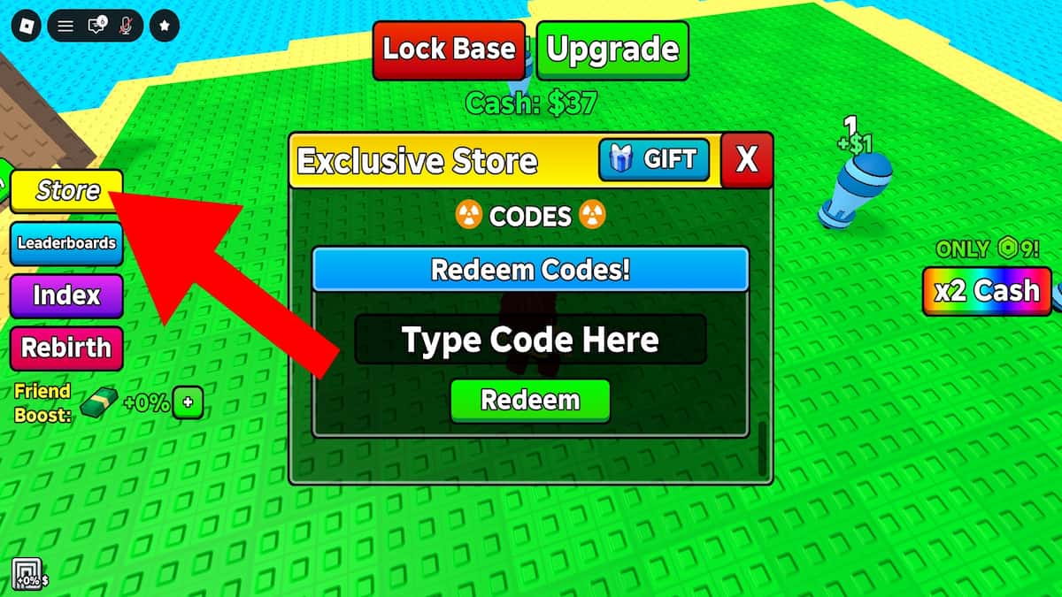 Roblox Merge a Nuke code system. Arrow pointing to the Shop button.