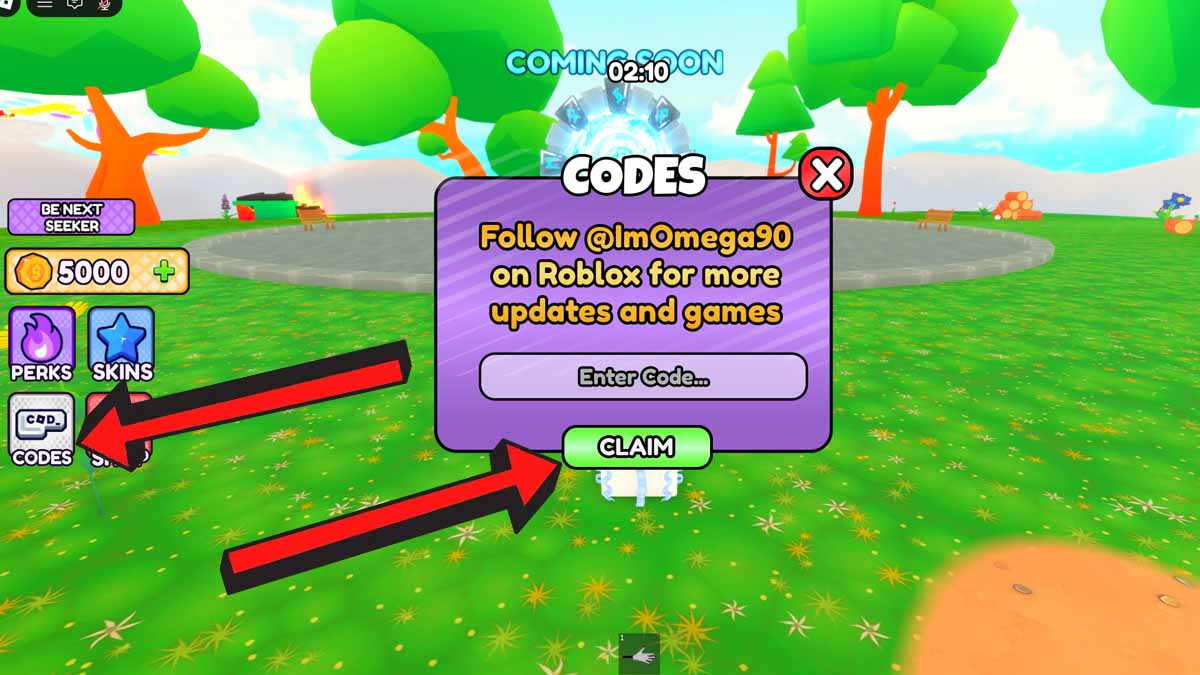 How To Redeem Paint and Seek Codes showing the arrow pointing to the Codes Tab