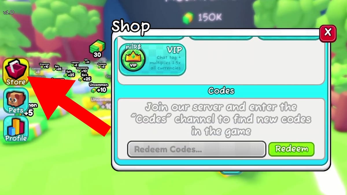 Roblox Pets RNG code system. Arrow pointing to the store button.