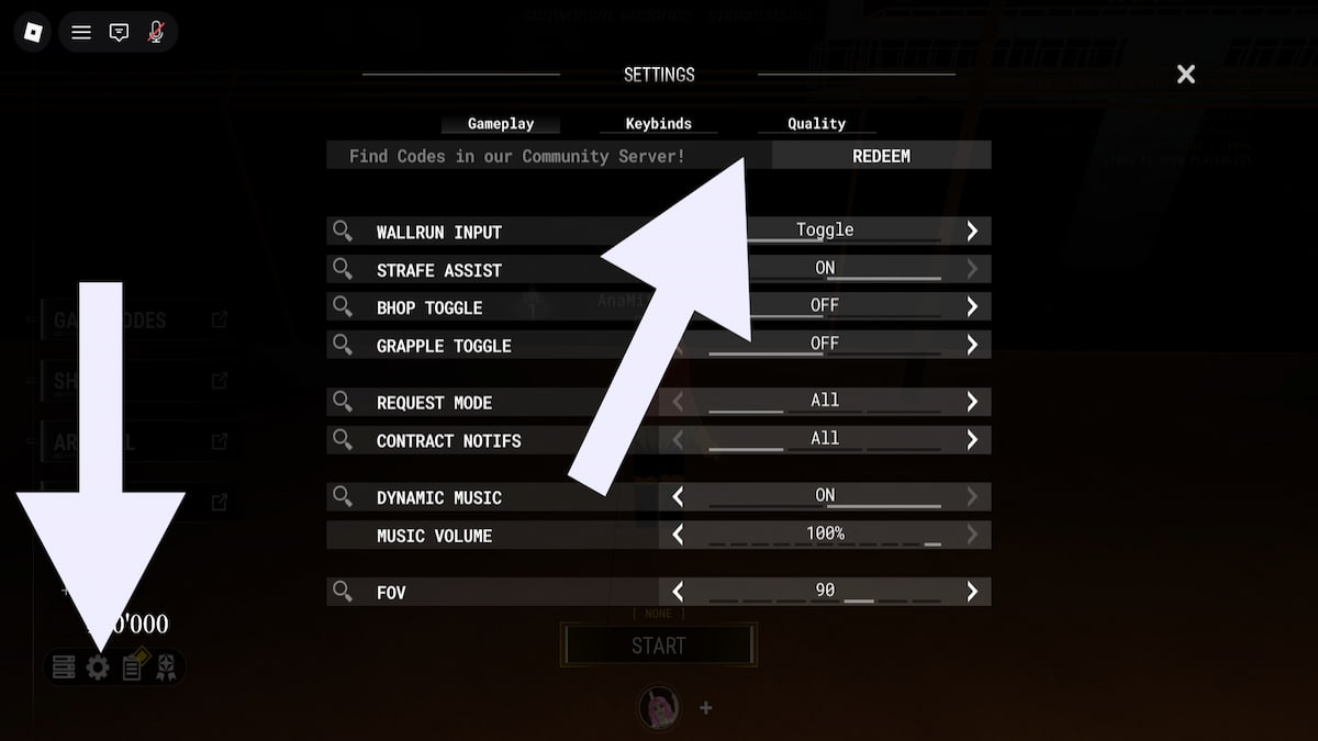 Roblox Redliner code system. Arrow pointing to the settings.