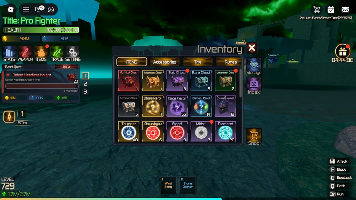 image of the inventory in Broken Blade with Event Helmet