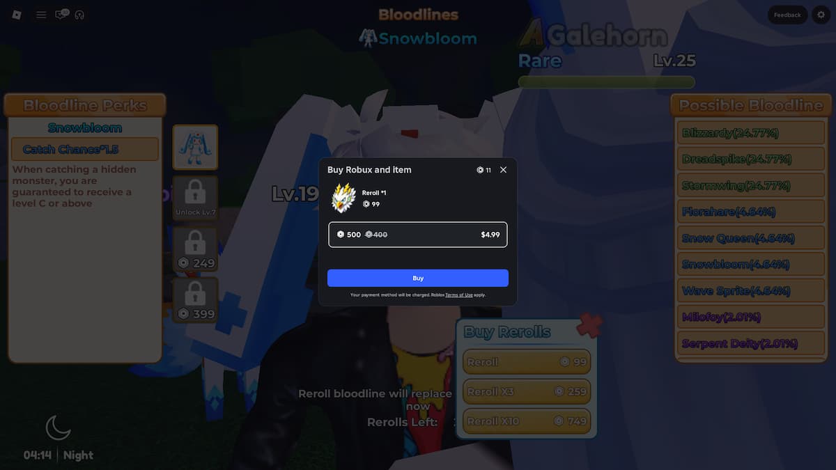 image showing Bloodline Reroll purchase option in Blox Monsters