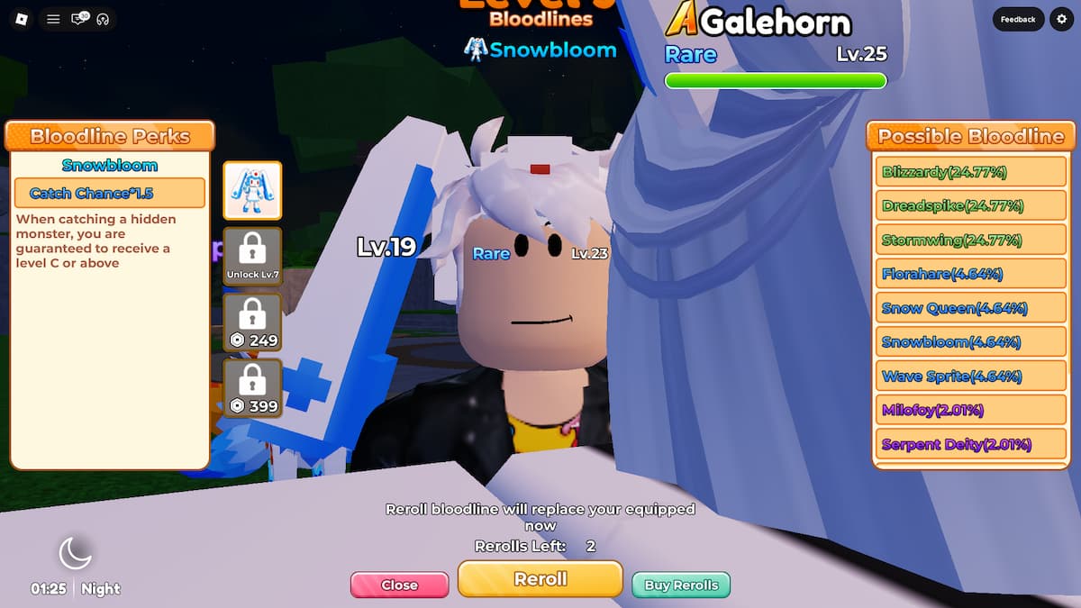 image showing the Bloodline Reroll menu in Blox Monsters