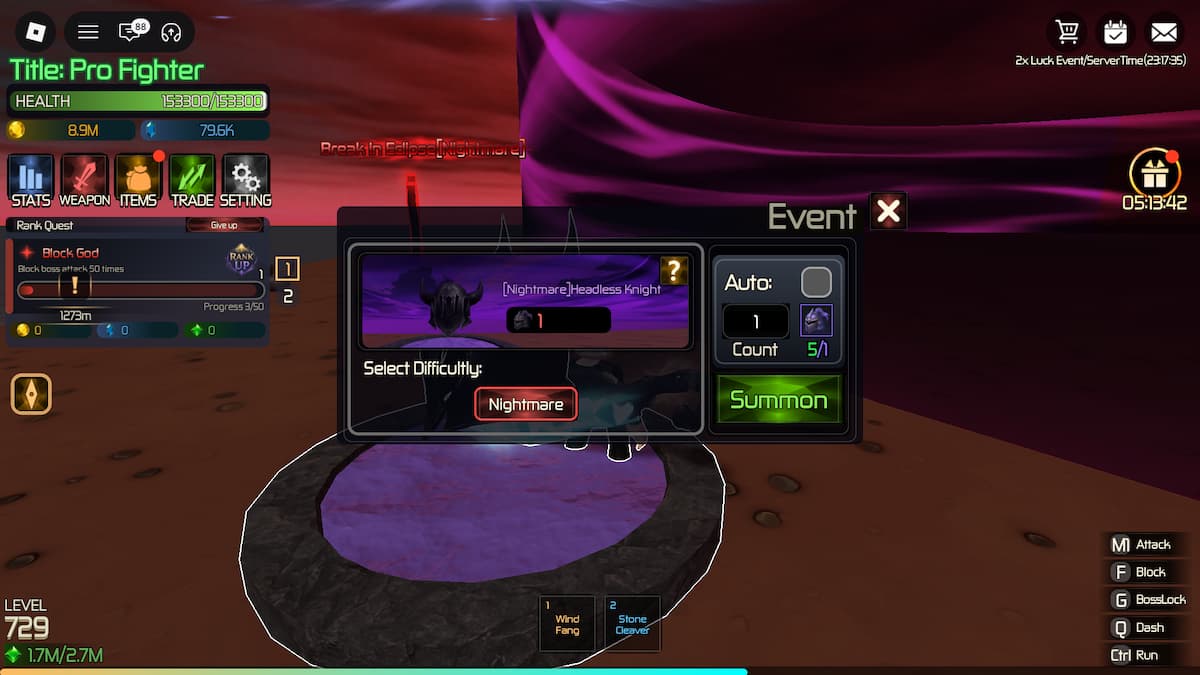 image showing the Headless Knight Boss summon menu