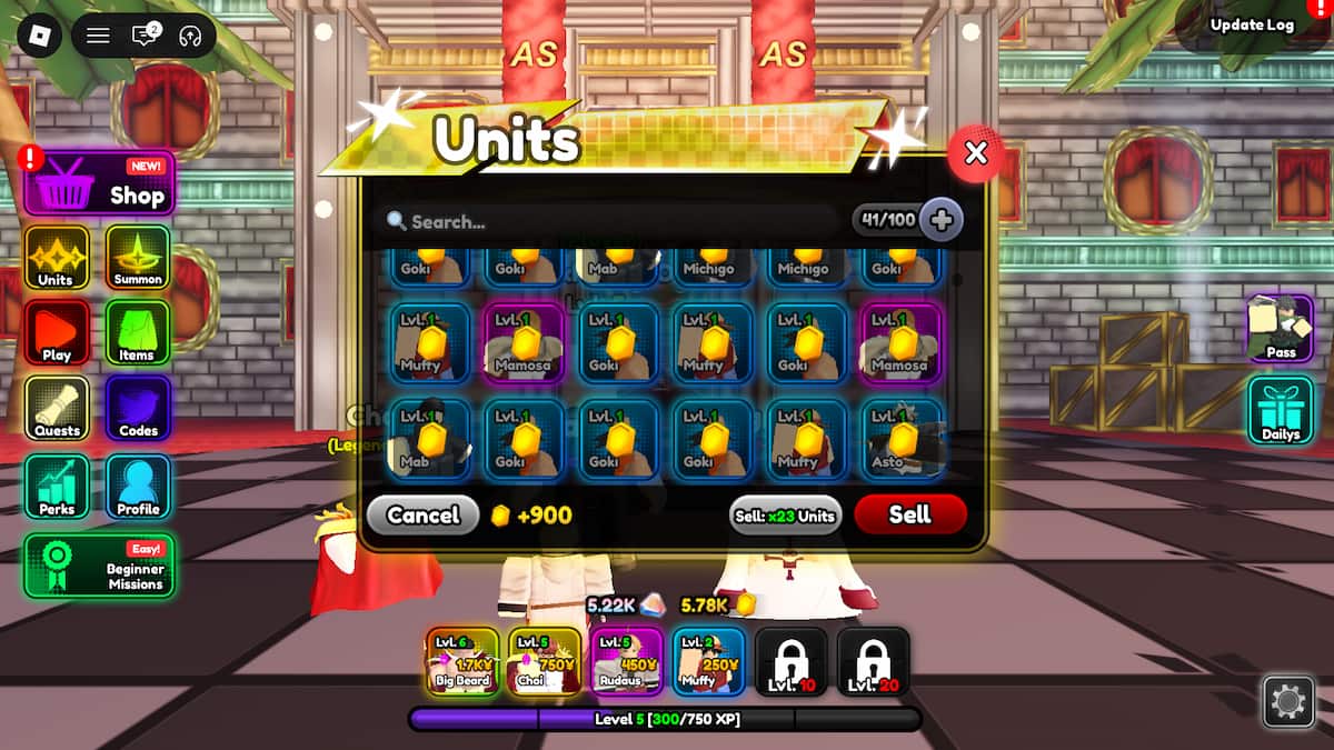 image showing the Units inventory in Anime Squadron