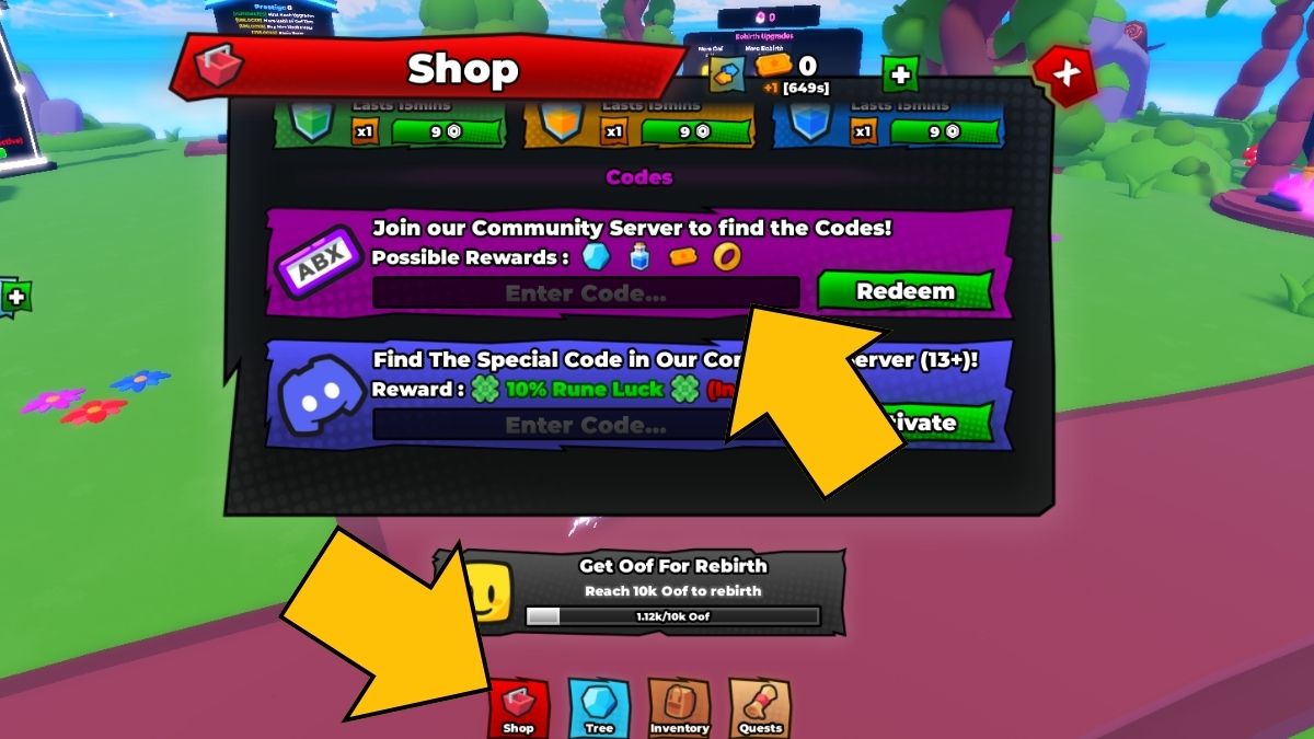 How to redeem codes in Noob Incremental through the Shop Button