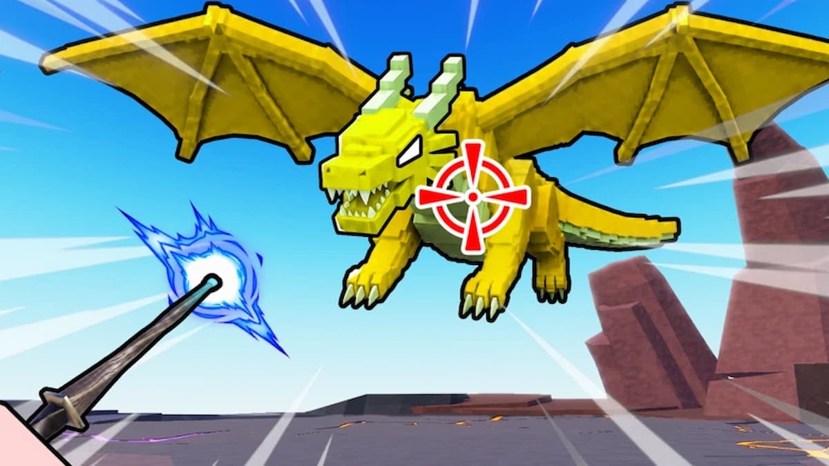 +1 Magic Loot game artwork showing a player aiming a magic wand at a flying golden dragon with a target marker on its body.