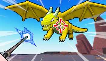 +1 Magic Loot game artwork showing a player aiming a magic wand at a flying golden dragon with a target marker on its body.