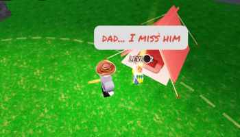 A player speaking with the Dino Kid in 99 Nights in the Forest