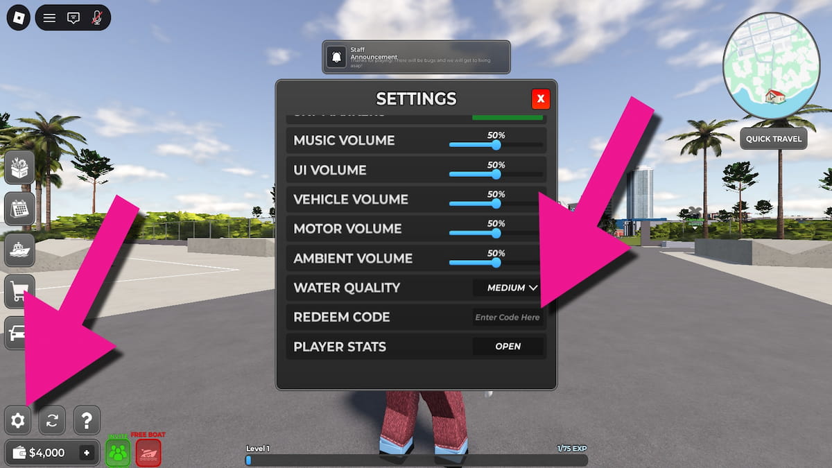 Flip a Boat Settings menu and code redemption text box screenshot