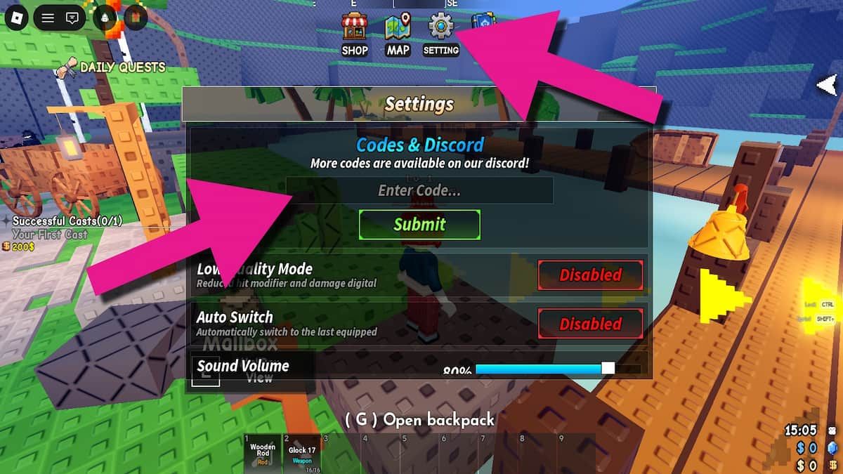 Screenshot of the Settings menu in Reeled, showing what to click and where to enter Reeled codes