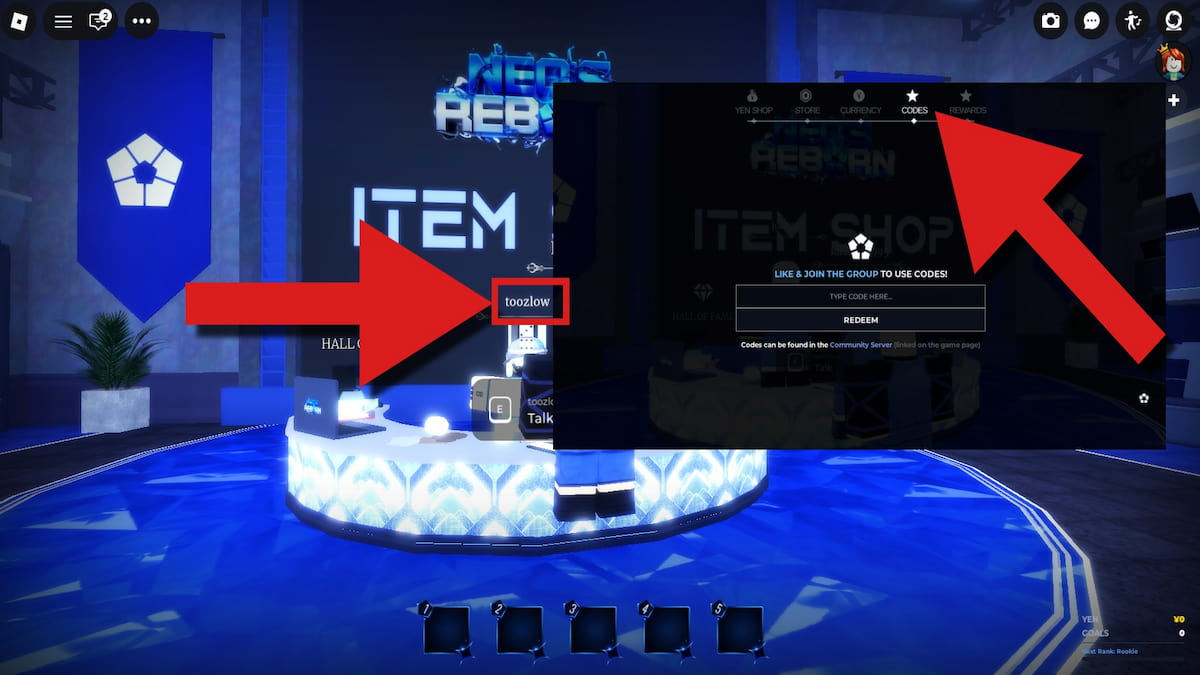 Item shop NPC and codes redemption window screenshot