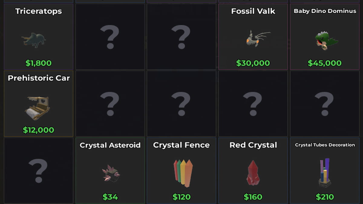 The Jurrassic Items Menu in Storage Hunters