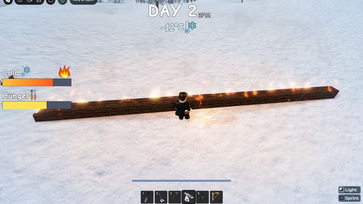 Burning a chopped wooden log in Survive 7 Days in Arctic
