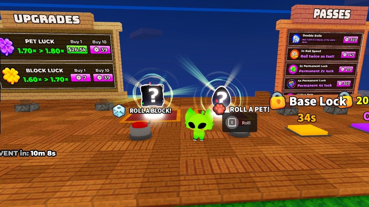 Platform where you roll for materials and pets in Build a Base and Steal