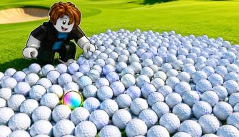 Clean the Golf Yard featured artwork depicting the Roblox player avatar sifting through a pile of golf balls, with a rainbow-colored golf ball in the middle of the pile