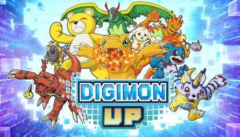 Digimon UP logo and artwork featuring multiple Digimon creatures