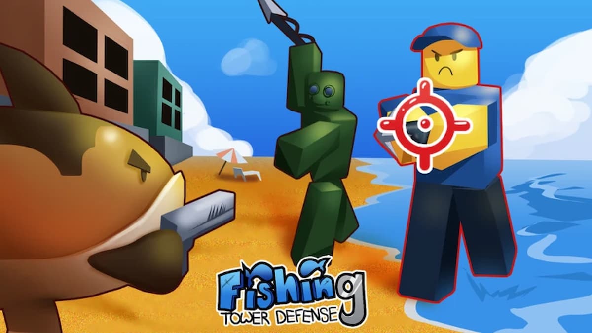 Fishing Tower Defense featured image depicting fish with weapons aiming at an armed Roblox avatar