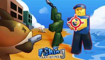 Fishing Tower Defense featured image depicting fish with weapons aiming at an armed Roblox avatar