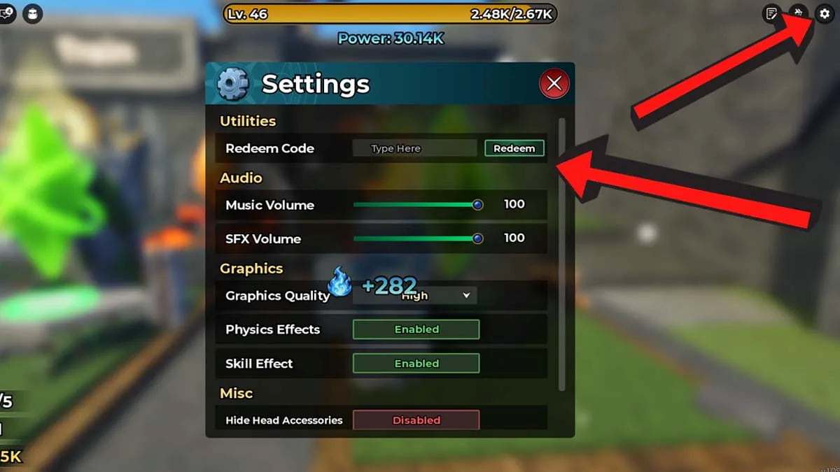 +1 Magic Loot settings menu and code redemption text block screenshot