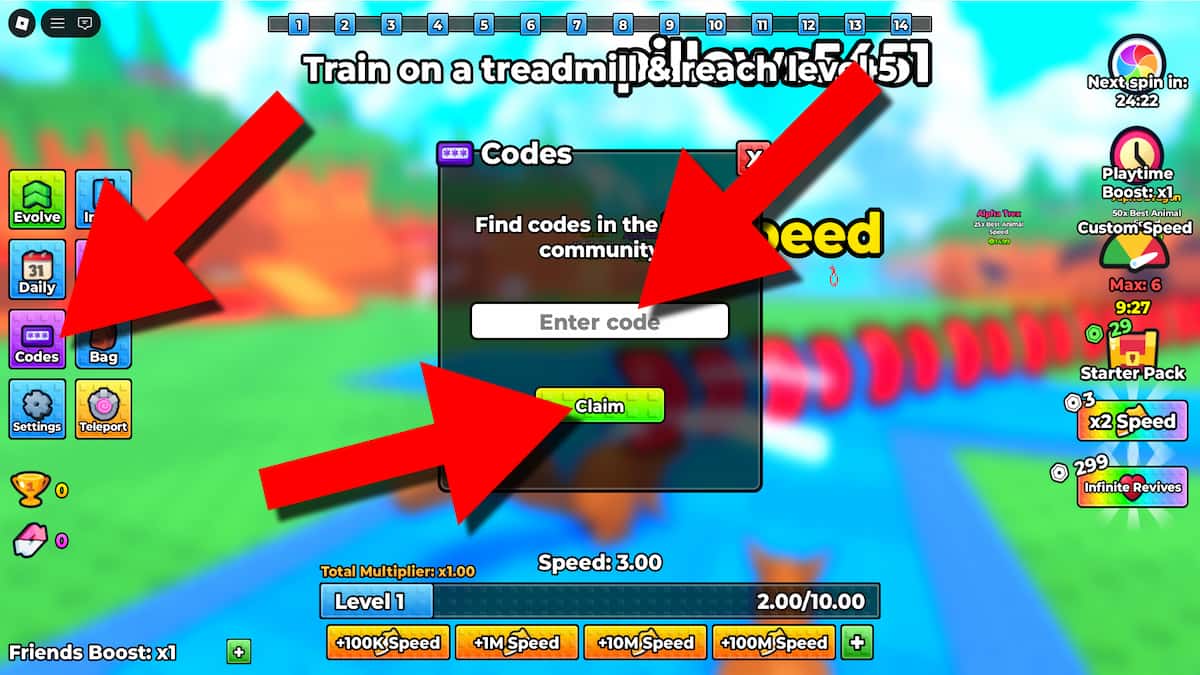 Screenshot of +1 Speed Evolve codes redemption window