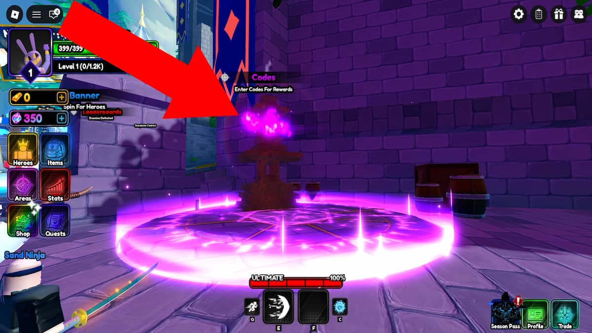 Arrow pointing to the Codes totem.