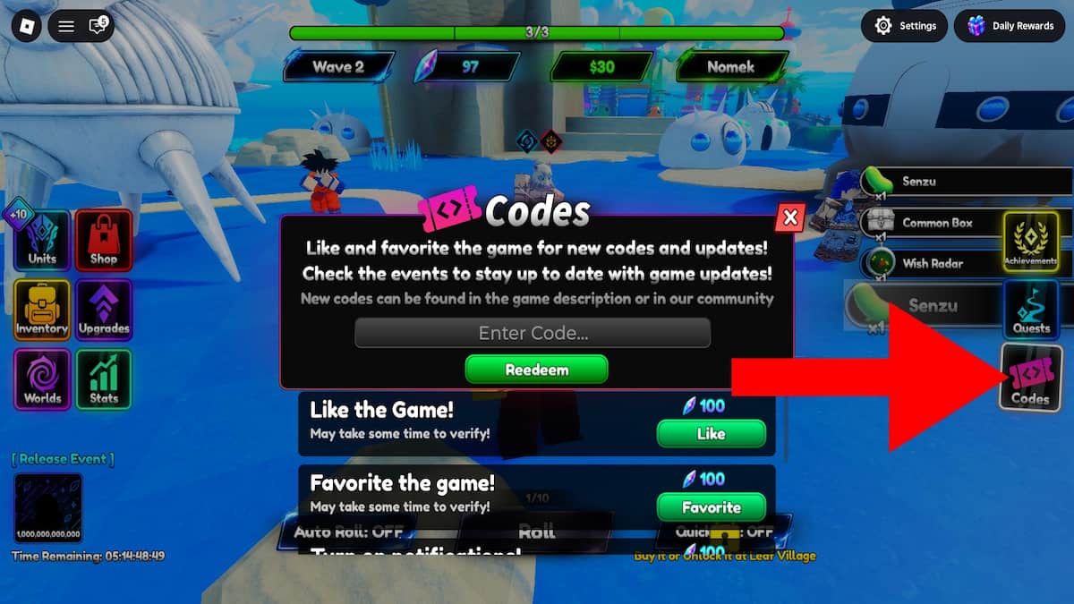 Roblox Anime RNG Defense code system. Arrow pointing to the codes button.