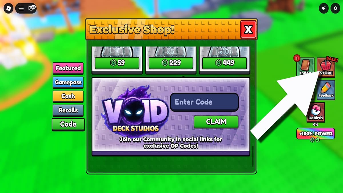 Roblox BE A FISH BAIT codes system. Arrow pointing to the Store button.