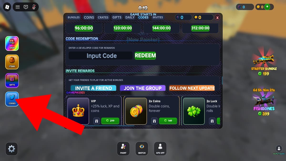 Roblox Chameleon code system. Arrow pointing to the codes button.