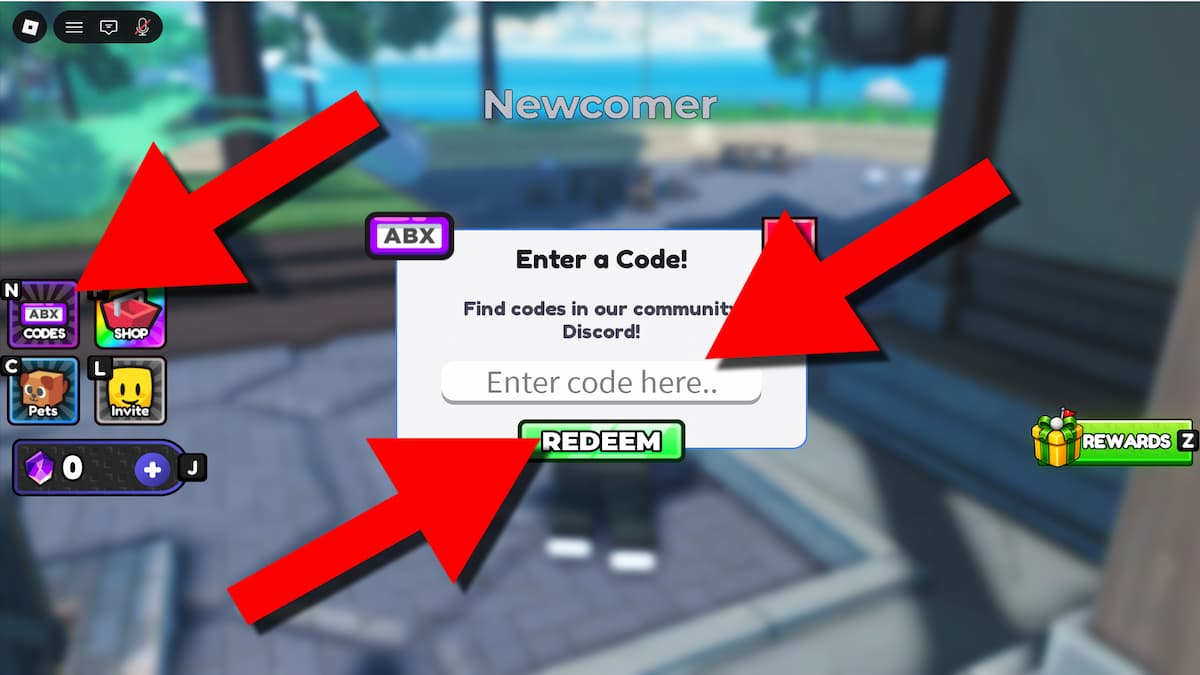 Detailed instructions on redeeming Clean the Golf Yard codes with directional arrows pointing to the Codes icon and the text field