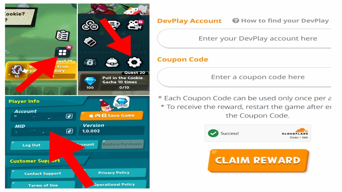 Arrows pointing to the menu, settings, and MID info section.