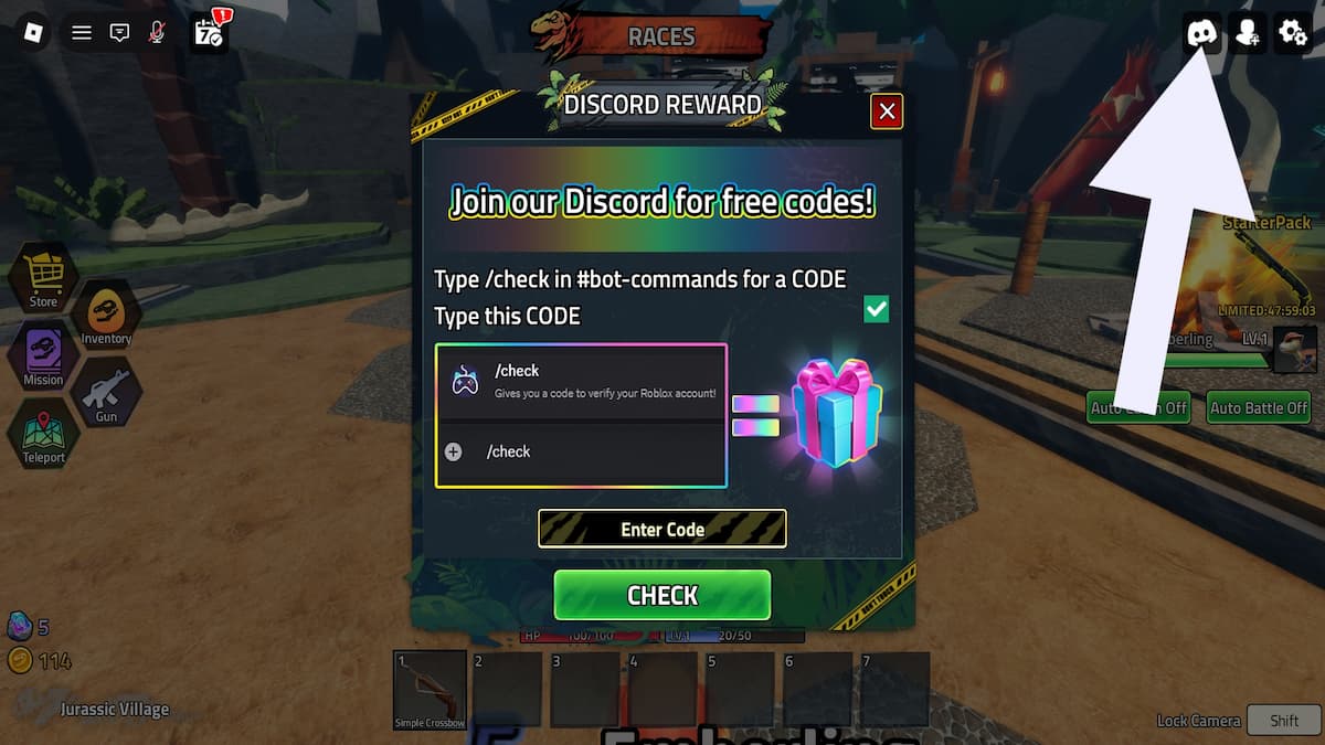 Arrow pointing to the code system Discord icon.