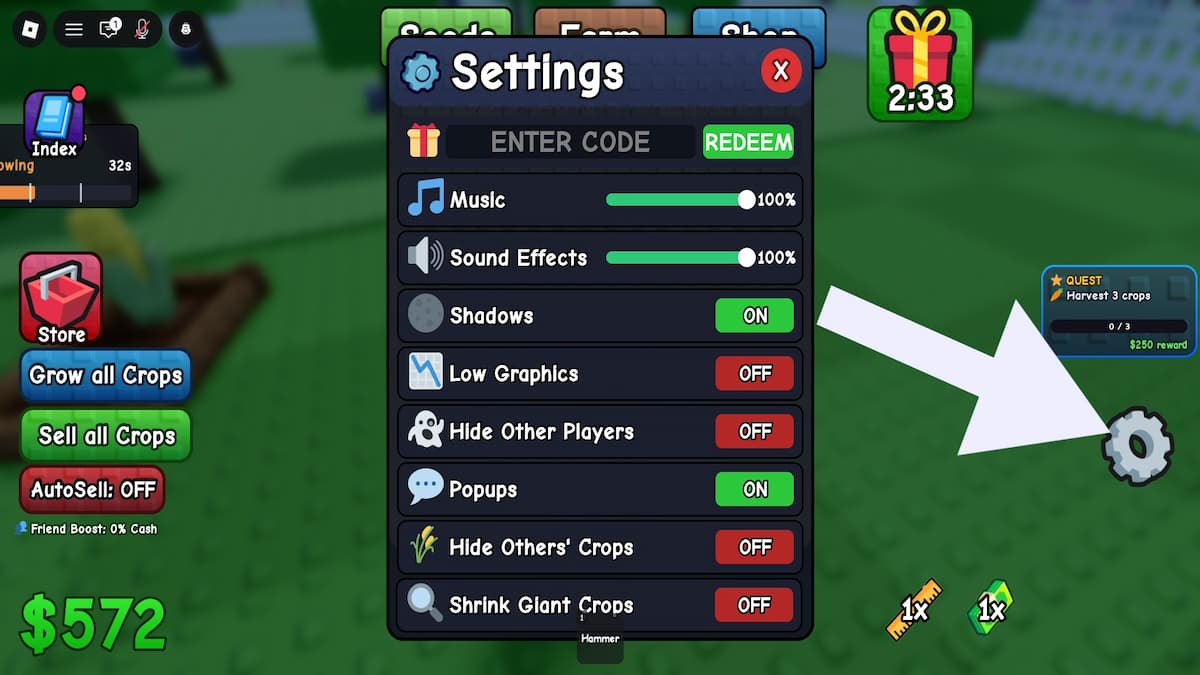 Arrow pointing to the Grow it RNG settings.