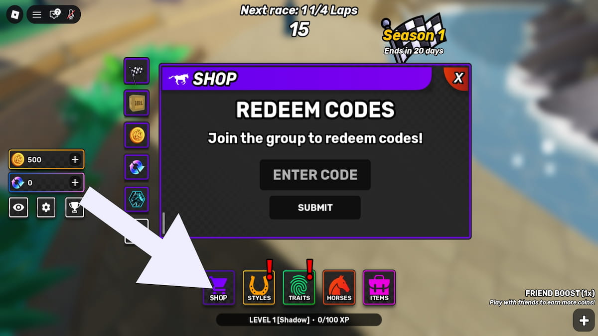 Arrow pointing to the shop in Horse Racing Legends