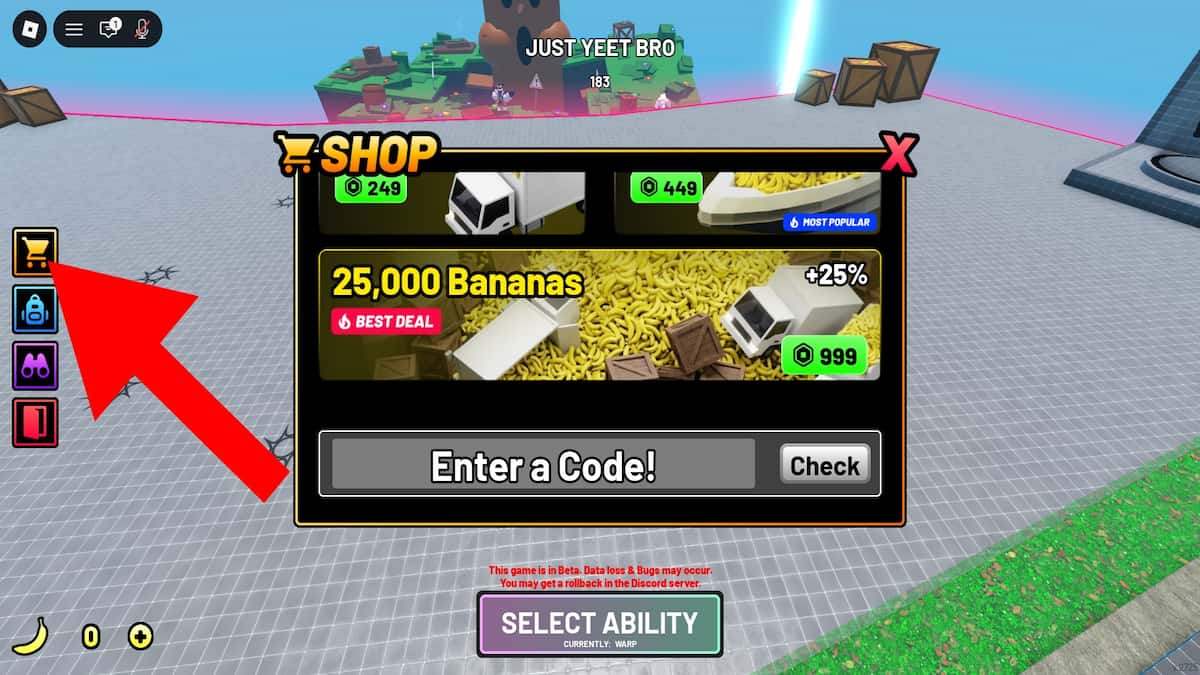 Roblox Just Yeet Bro code system. Arrow pointing to the shop.
