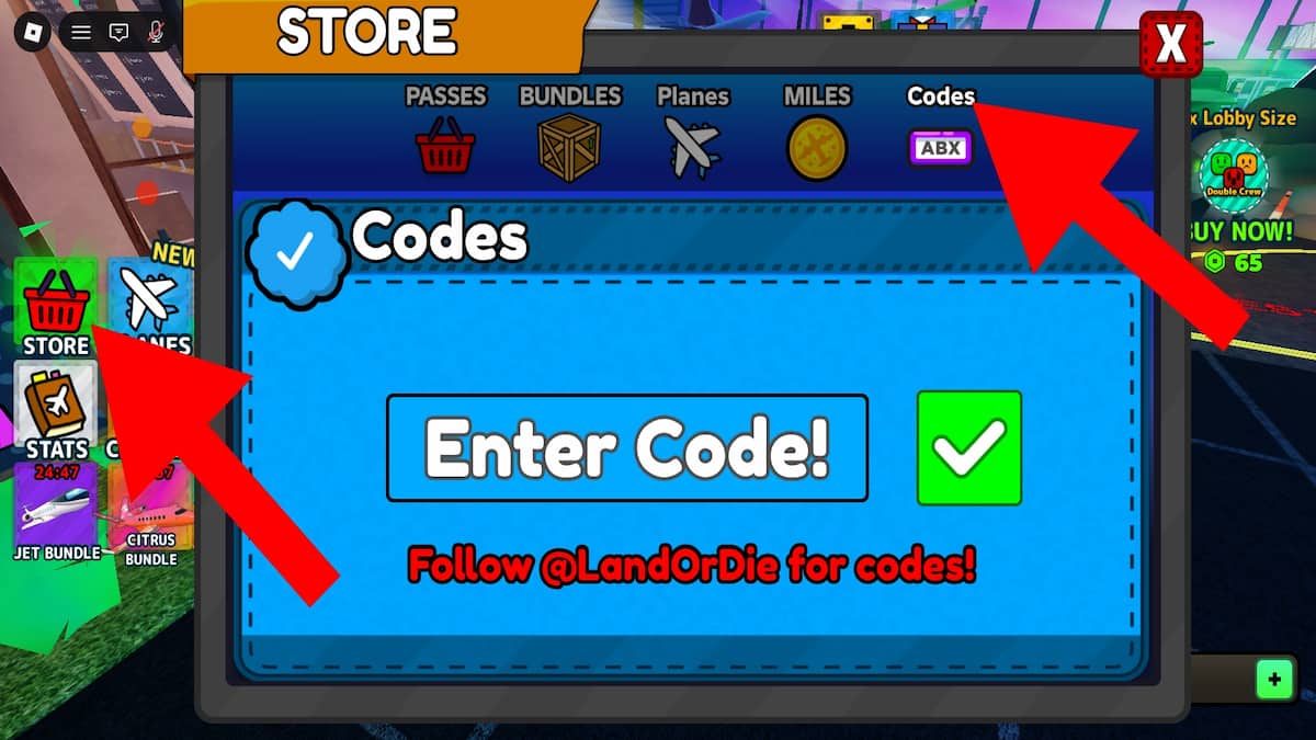 Arrows pointing to the shop and Land or Die code system.