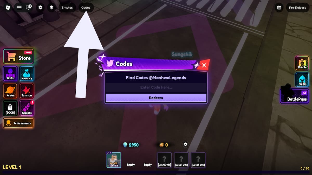 Arrow pointing to the Manhwa Legeds codes button.