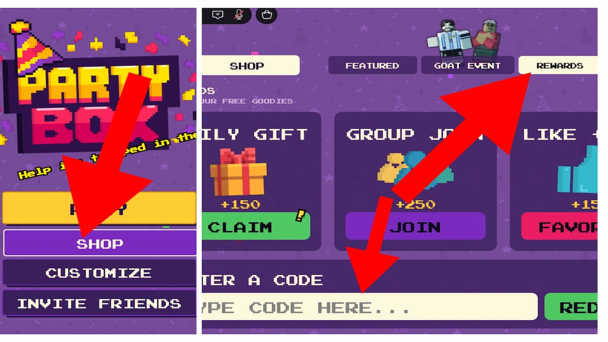 Arrows pointing to the PartyBox shop and Rewards section.