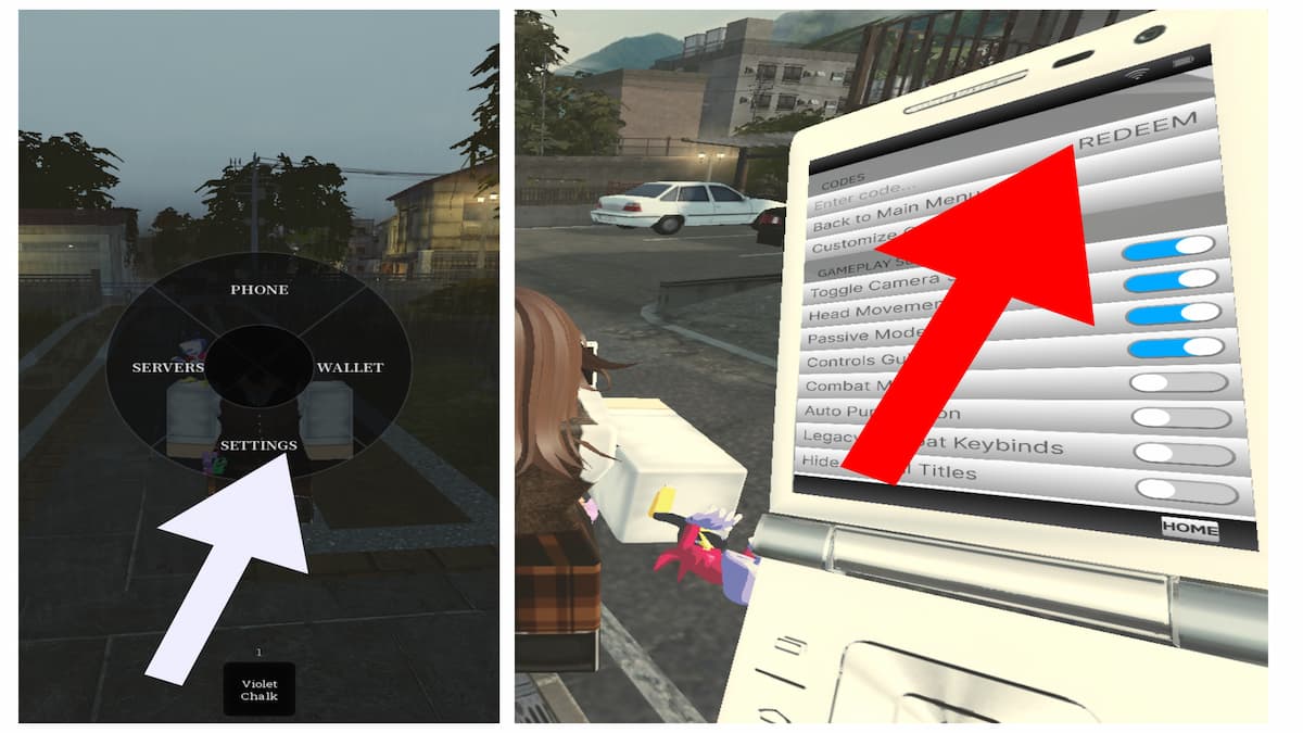 Arrow pointing to the Settings and codes system in Rintama High.
