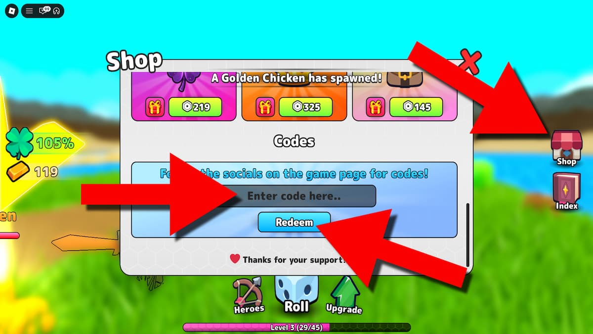 RNG Heroes codes section screenshot