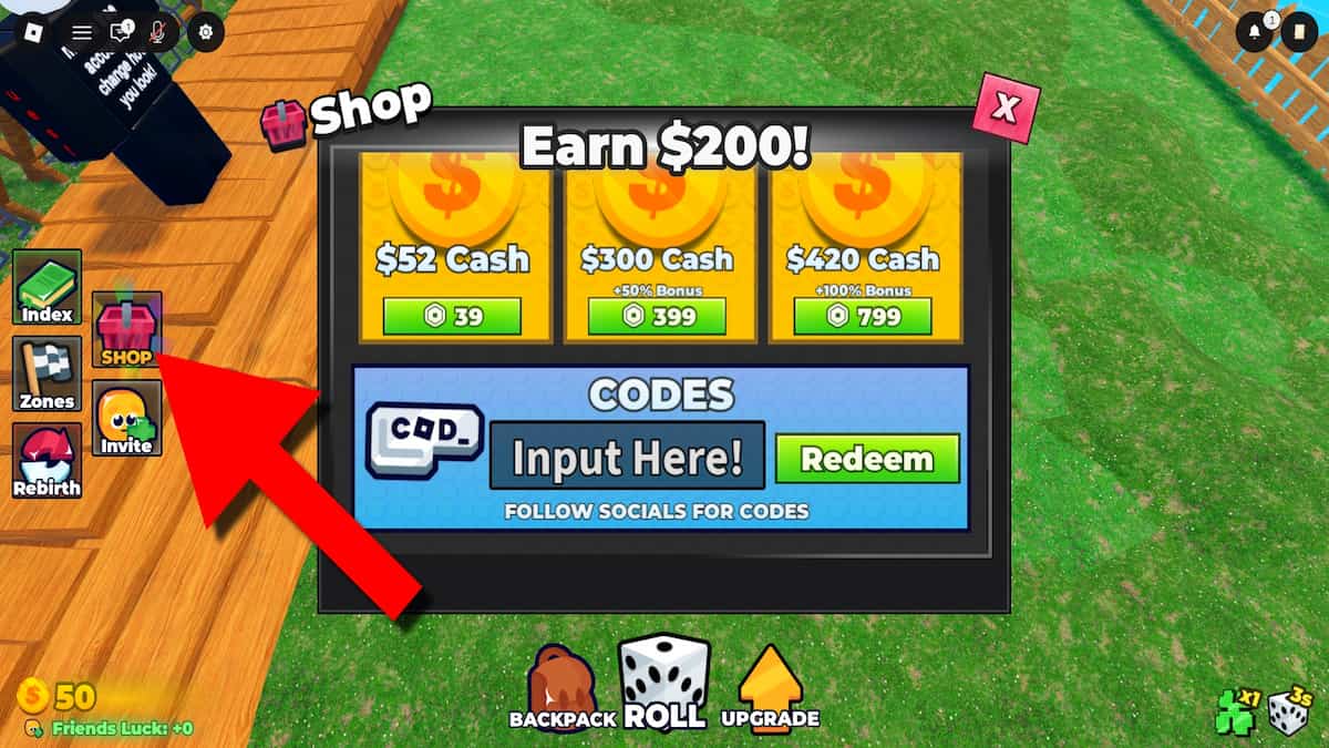 Roblox Roll to Defend code system. Arrow pointing to the shop button.